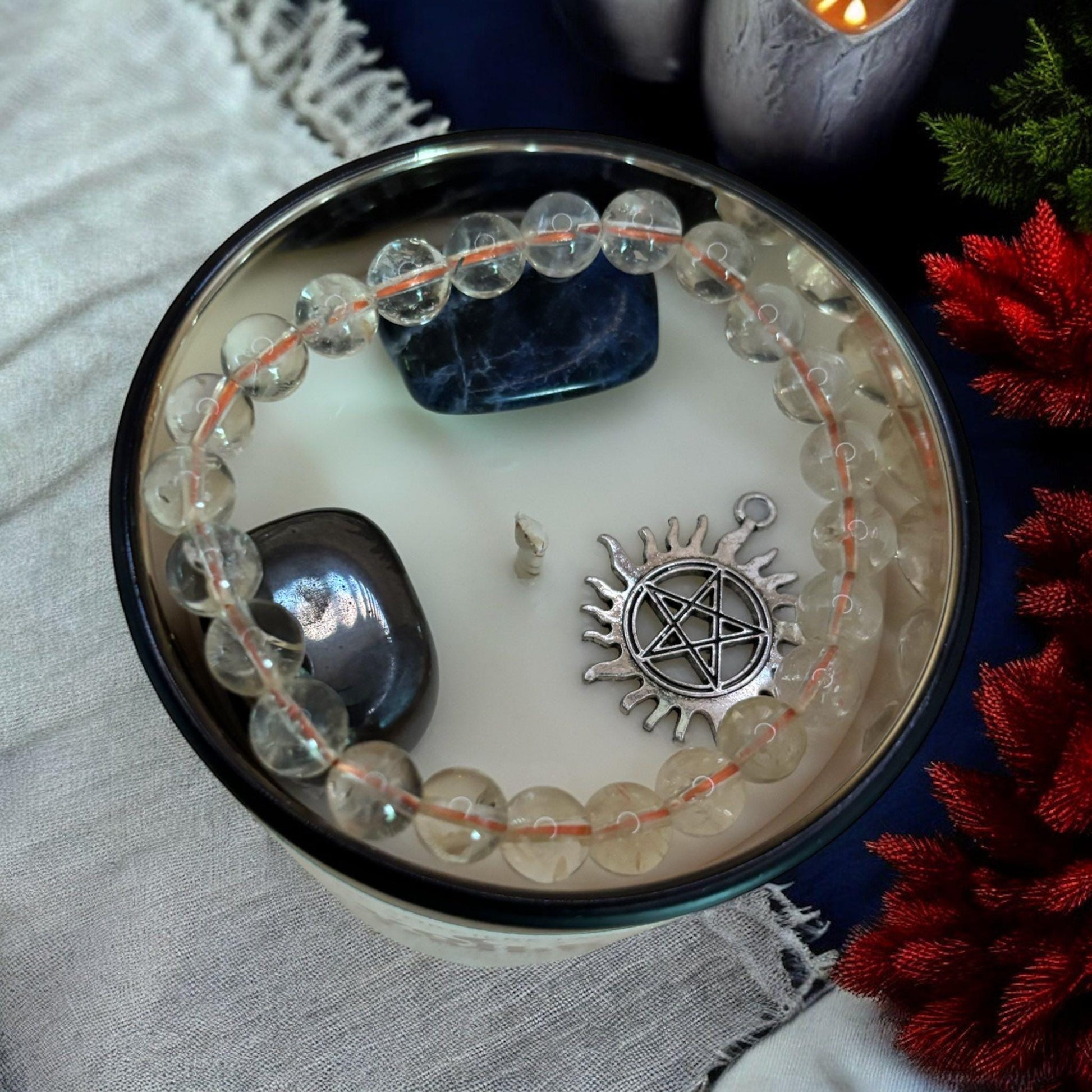 bougie "voile d'ombre", bougie rituel, bougie sorcière, bougie cristaux, bougie d'intention, bougie de manifestation, bougie parfumée