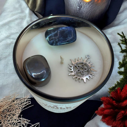 bougie "voile d'ombre", bougie rituel, bougie sorcière, bougie cristaux, bougie d'intention, bougie de manifestation, bougie parfumée