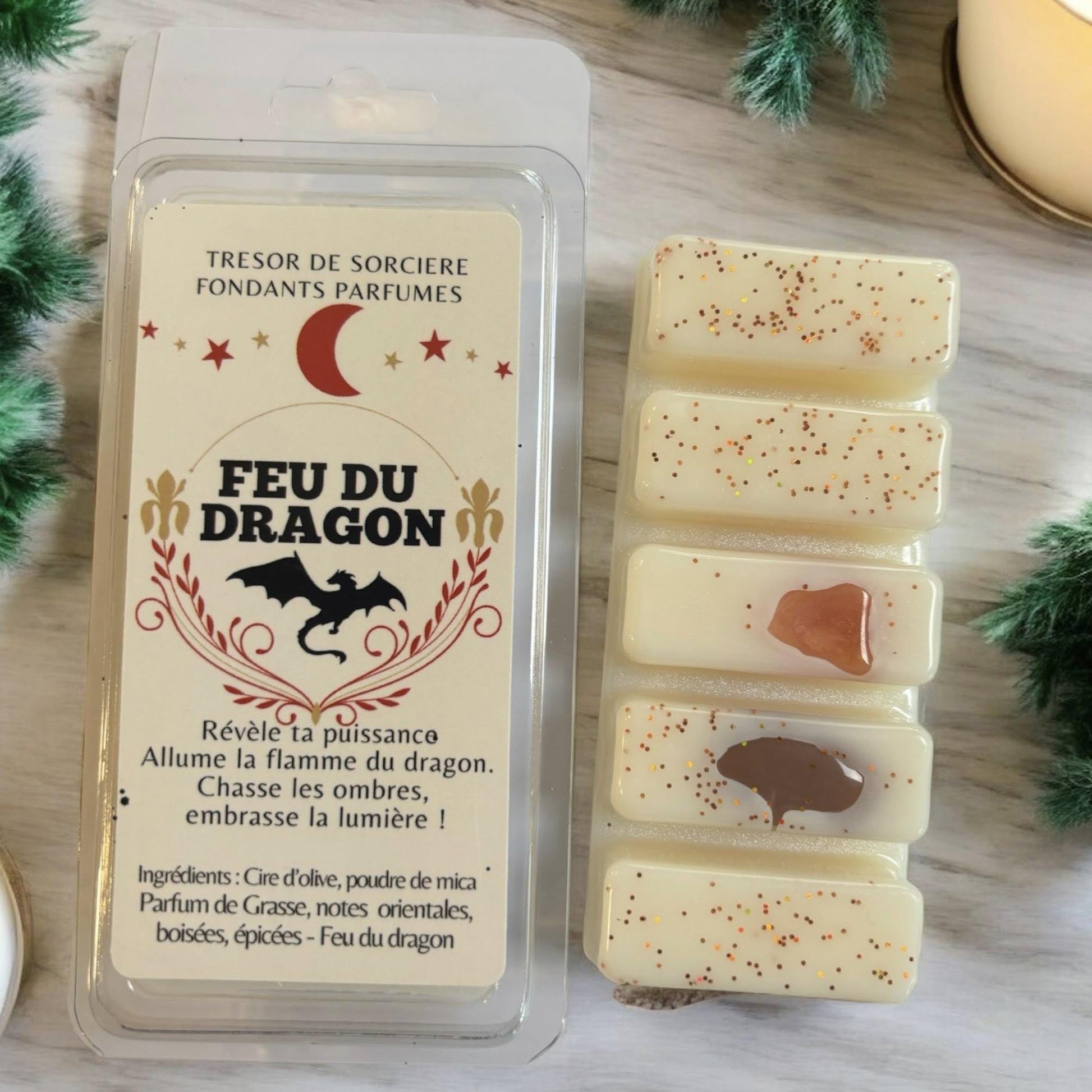 fondants de cire parfumés "feu du dragon", fondants d'intention, fondants sorcière, fondants magiques