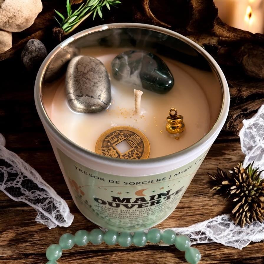 Bougie "main ouverte", bougie d'intention, bougie sorcière, witch candle, bougie magique, bougie chance,