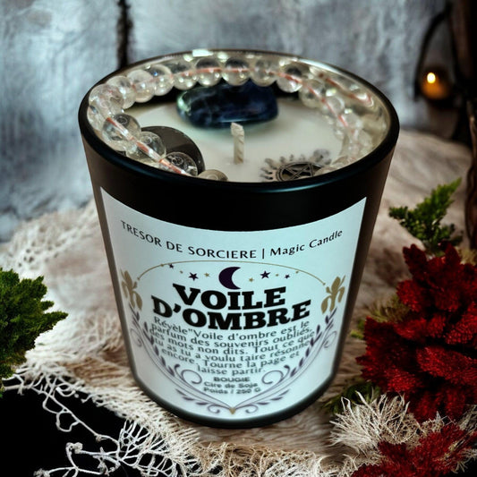 bougie "voile d'ombre", bougie rituel, bougie sorcière, bougie cristaux, bougie d'intention, bougie de manifestation, bougie parfumée
