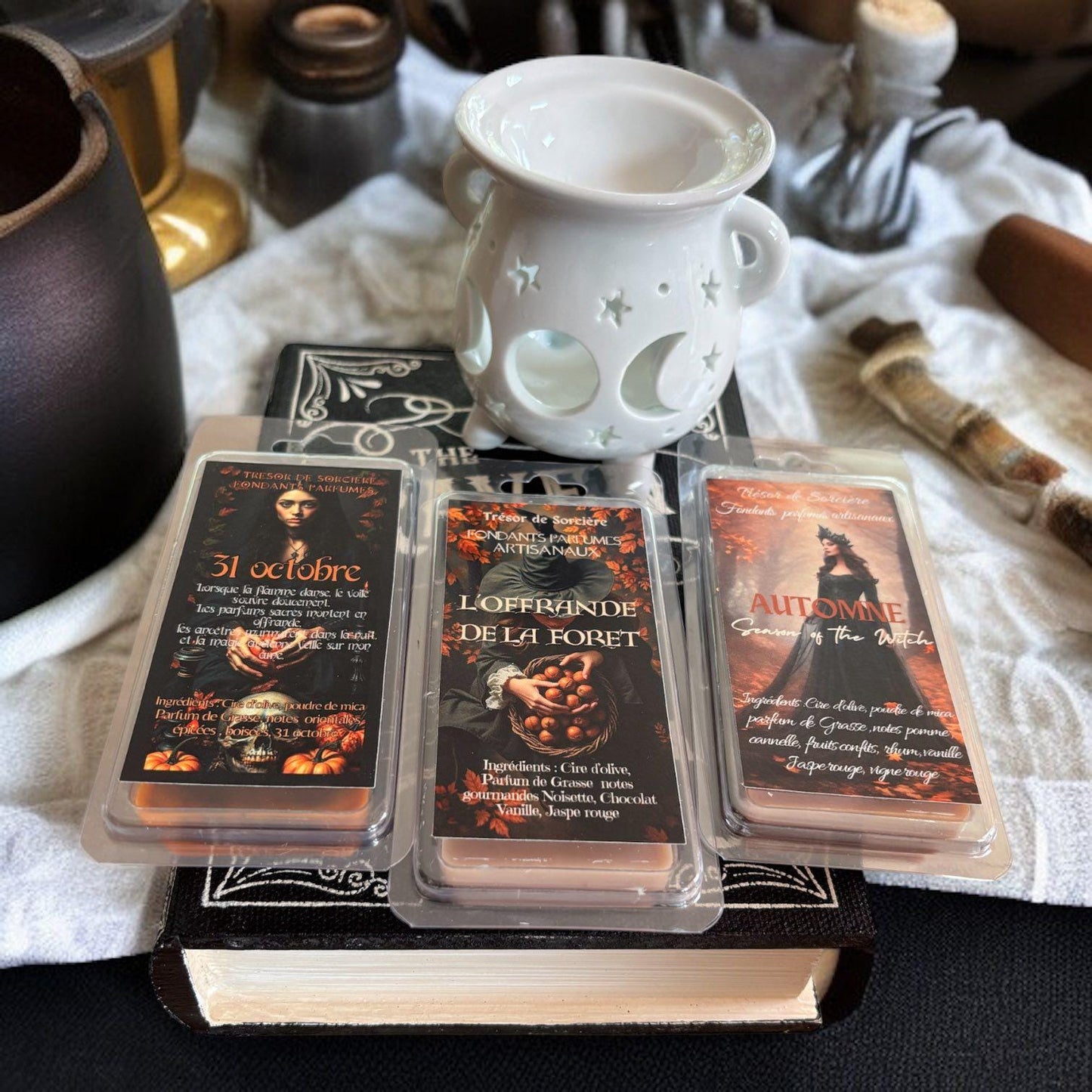Coffret de fondants de cire parfumés " sortilèges d'ambiance", fondants parfumés, brûleur à fondants