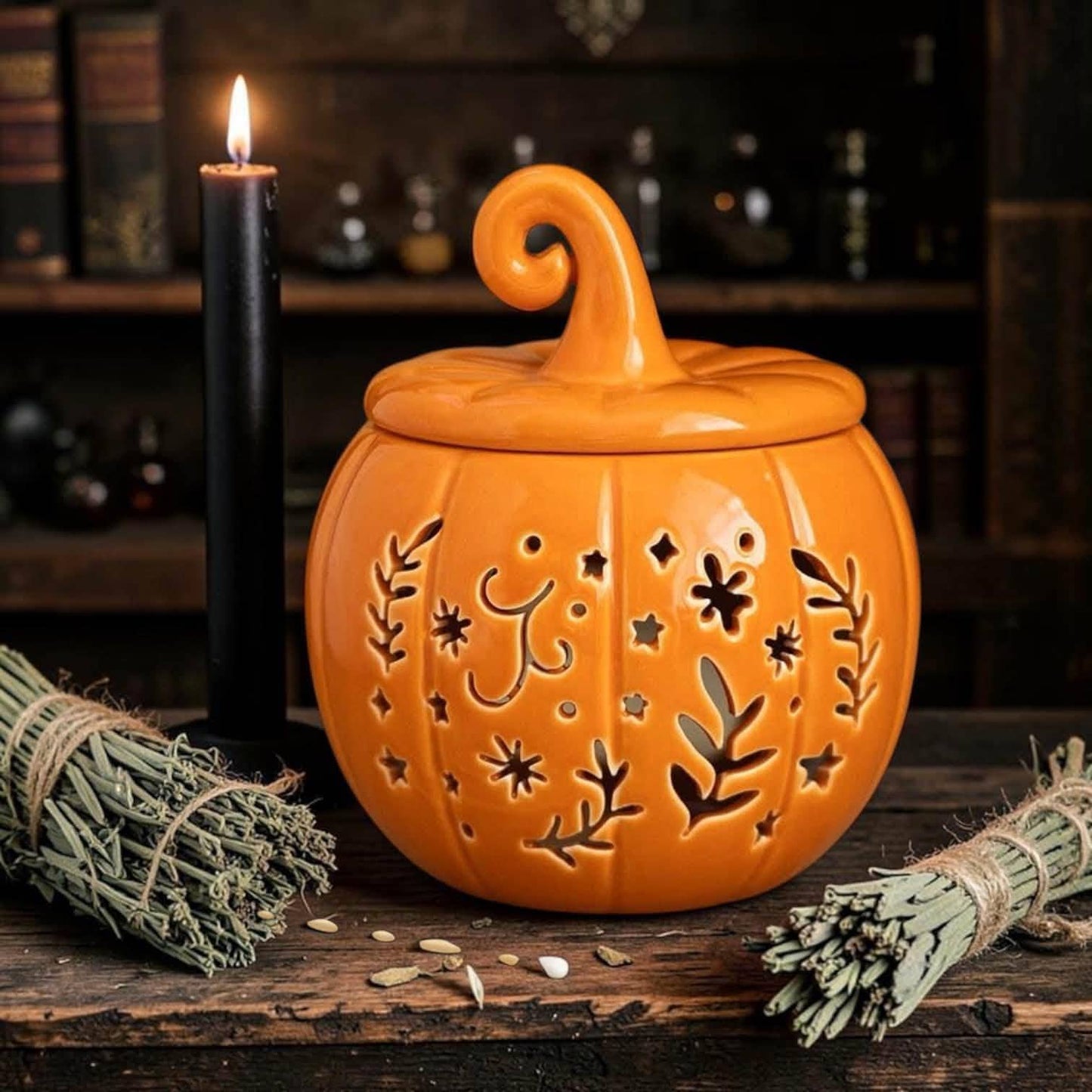 brûleur à fondants citrouille noire ou orange, chauffe cire, brûle parfum