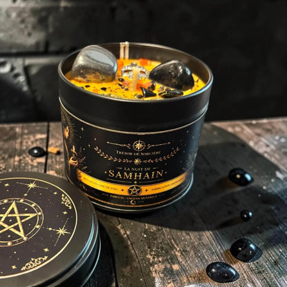 Bougie rituelle hématite, pierre d'ancrage sorcellerie