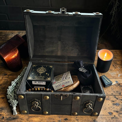 Box sorcière cadeau gris, coffret bois têtes de lion