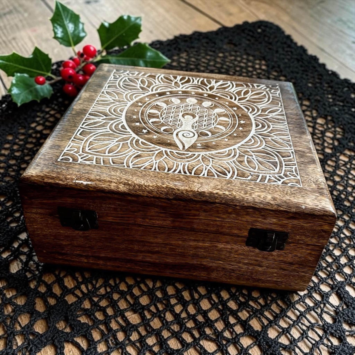Coffret Déesse, bol pentacle en bois, bougie, huile rituelle, sauge, encens