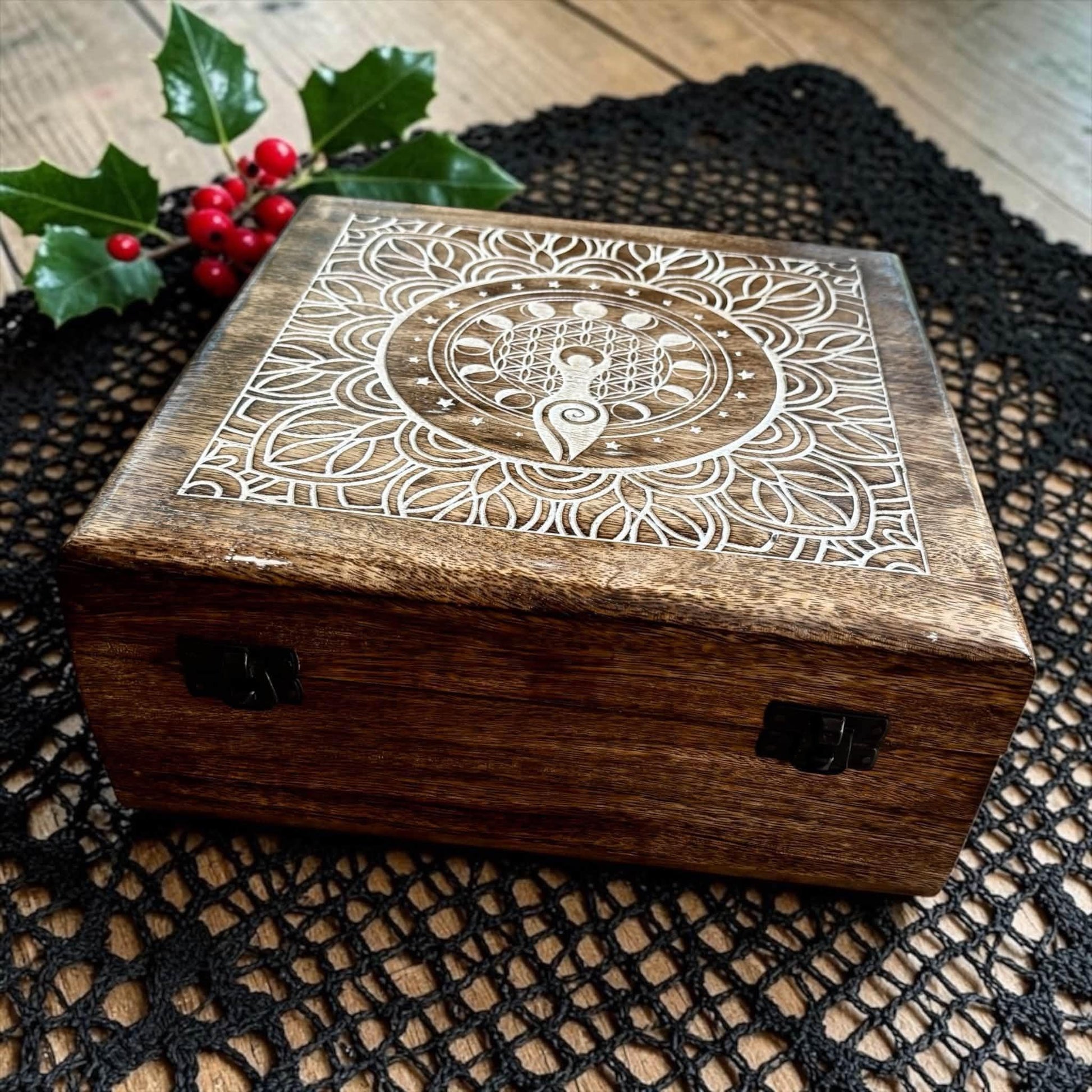Coffret Déesse, bol pentacle en bois, bougie, huile rituelle, sauge, encens