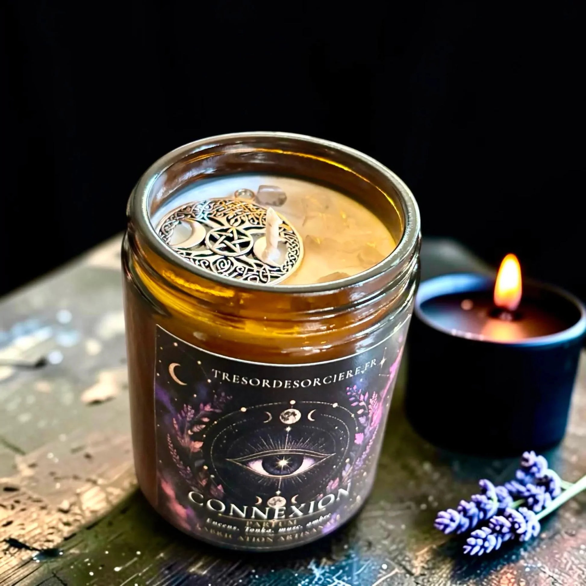 Charme arbre de vie et pentacle, bougie rituelle wicca