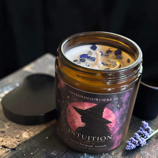 Bougie d'intention encens patchouli lavande, pot en verre