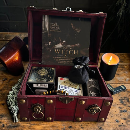 Box sorcière cadeau marron, coffret bois têtes de lion