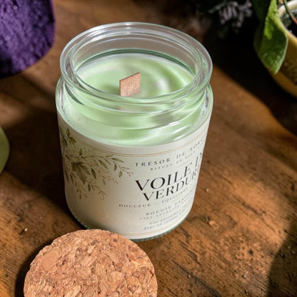 bougie voile de verdure, bougie mèche en bois, bougie nature, bougie cire de soja
