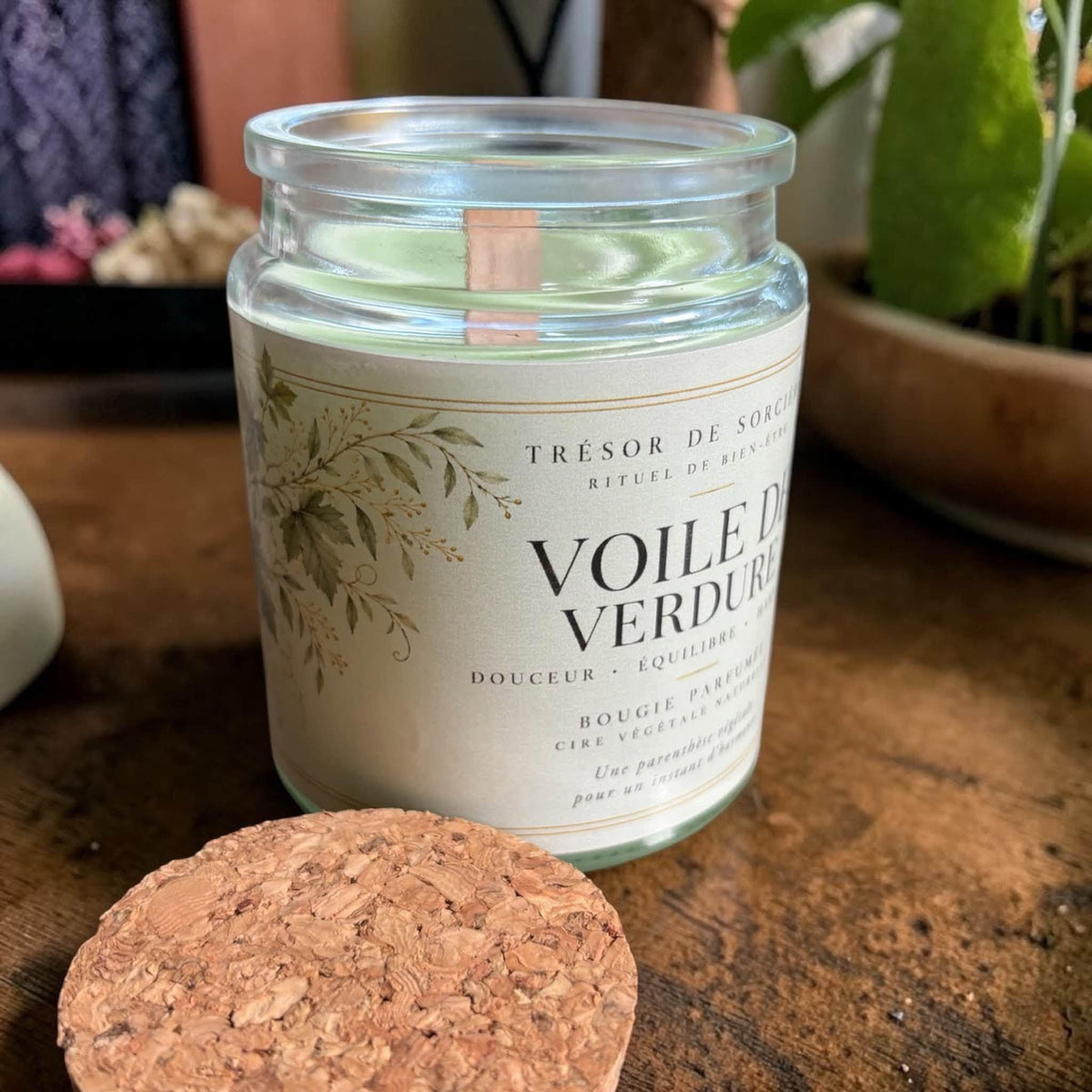 bougie voile de verdure, bougie mèche en bois, bougie nature, bougie cire de soja