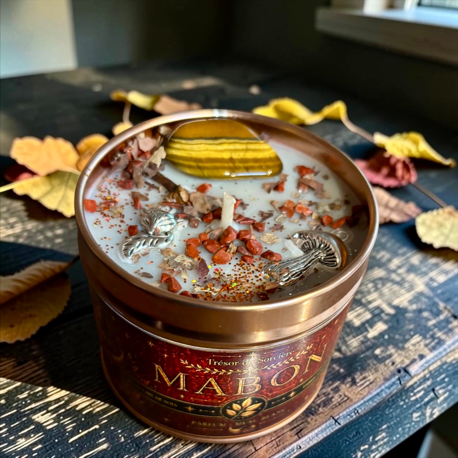 bougie mabon, bougie musc blanc, bougie automne, bougie sabbat, bougie rituel mabon